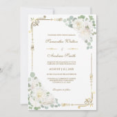 White Rose Sage Green Gold Hochzeit Einladung (Vorderseite)
