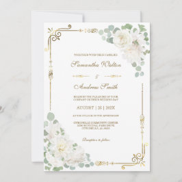 White Rose Sage Green Gold Hochzeit Einladung