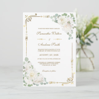 White Rose Sage Green Gold Hochzeit Einladung