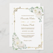 White Rose Sage Green Gold Hochzeit Einladung (Vorne/Hinten)