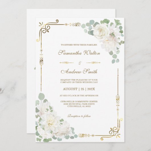 White Rose Sage Green Gold Hochzeit Einladung (Vorne/Hinten)