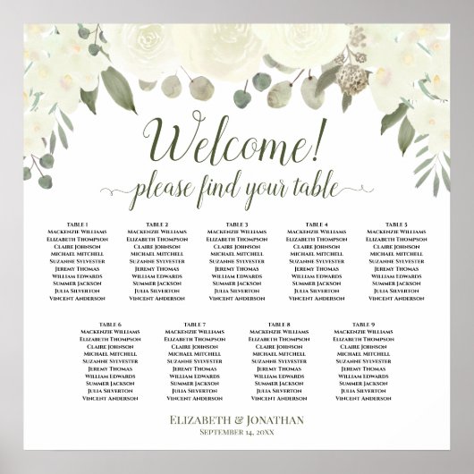 White Roses 9 Table Boho Hochzeitstabelle Poster (Vorne)