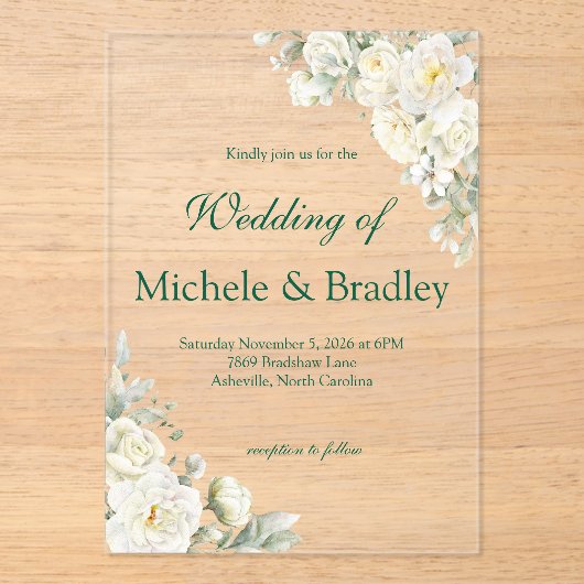 White Roses Acrylic Wedding Invitation Acryleinladungen (Vorderseite)