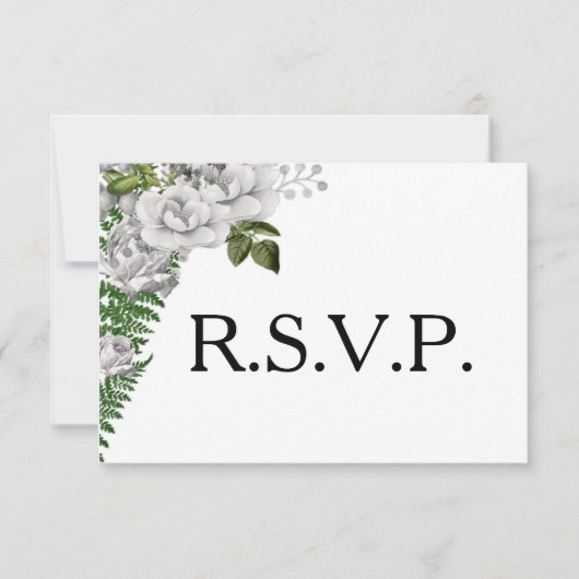 White Roses and Ferns Wedding RSVP Karte (Vorderseite)