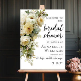 White Roses And Flowers Bridal Shower Welcome Poster