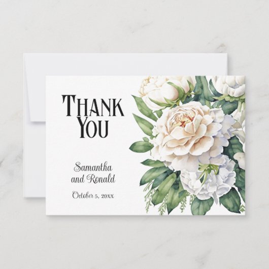 White Roses and Peonies Wedding Dankeschön Card Einladung (Vorderseite)
