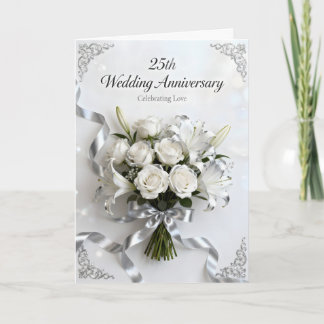 White Roses and Silver Ribbon 25th Anniversary Karte