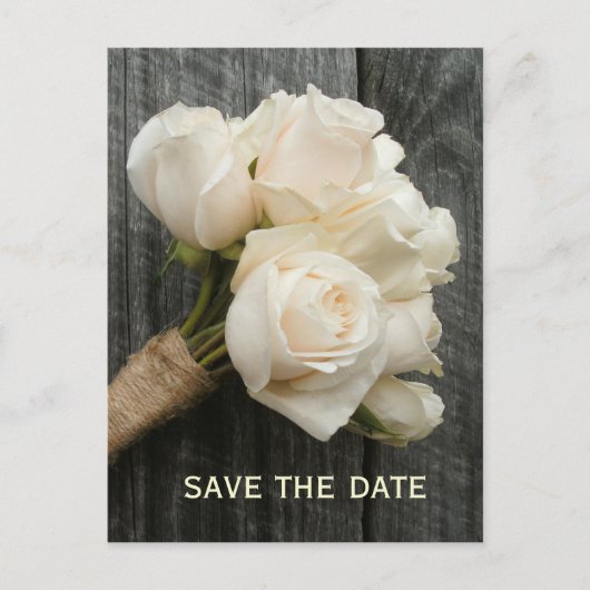White Roses & Barnwood Save the Date Postcard Ankündigungspostkarte (Vorderseite)