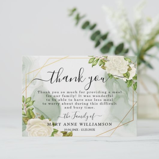 White Roses Beerdigung Food Danke Karte (Stehend Vorderseite)