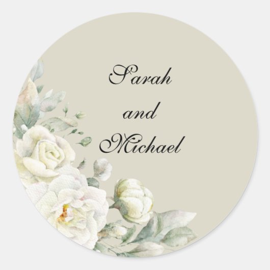 White Roses  Beige Personalized Wedding Stickers (Vorderseite)