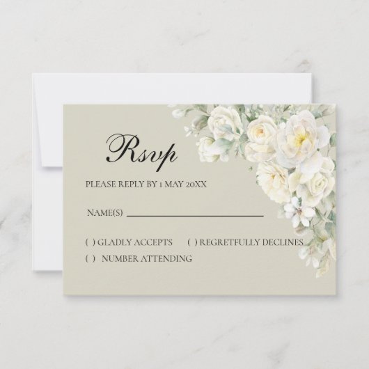 White Roses Beige RSVP card Karte (Vorderseite)