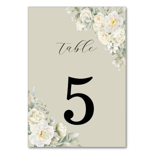 White Roses Beige Table Number Tischnummer (Vorderseite)
