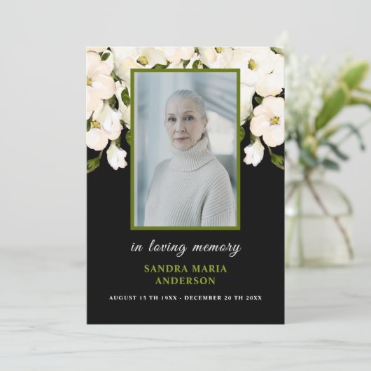 White Roses Black Foto Beerdigung Gedenkkarte Dankeskarte (Stehend Vorderseite)