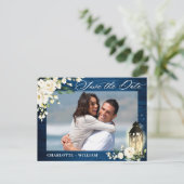 White Roses Blue Wood FOTO Hochzeit speichern Sie Postkarte (Stehend Vorderseite)