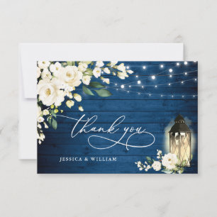 White Roses Blue Wood Lantern Boho Wedding Dankeskarte