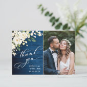 White Roses Blue Wood Lantern Foto Hochzeit Dankeskarte (Stehend Vorderseite)