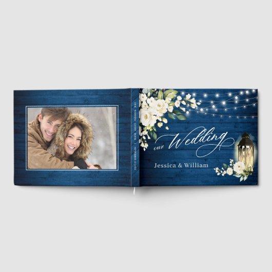 White Roses Blue Wood Lantern FOTO Hochzeit Gästebuch (Voll)