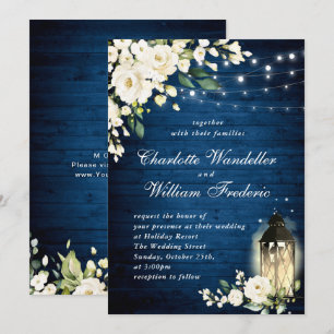 White Roses Blue Wood Lantern Wassercolor Wedding Einladung