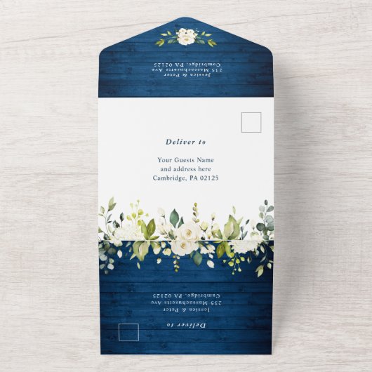 White Roses Blue Wood Lantern Wedding All In One Einladung (Außenbereich)