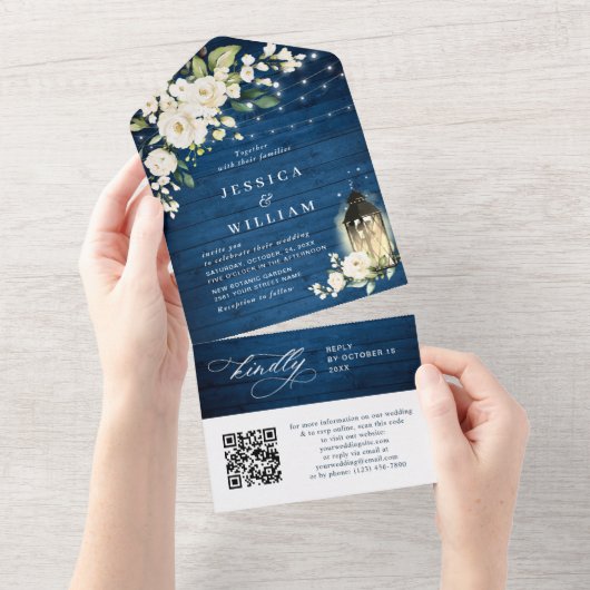 White Roses Blue Wood Lantern Wedding QR Code All In One Einladung (Abreißen)