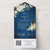 White Roses Blue Wood Lantern Wedding QR Code All In One Einladung (Innen Boden)