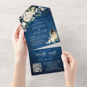 White Roses Blue Wood Lantern Wedding QR Code All In One Einladung (Abreißen)