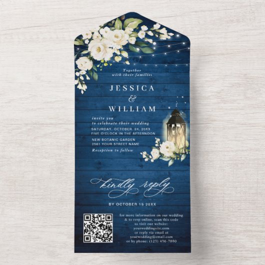 White Roses Blue Wood Lantern Wedding QR Code All In One Einladung (Innen Boden)