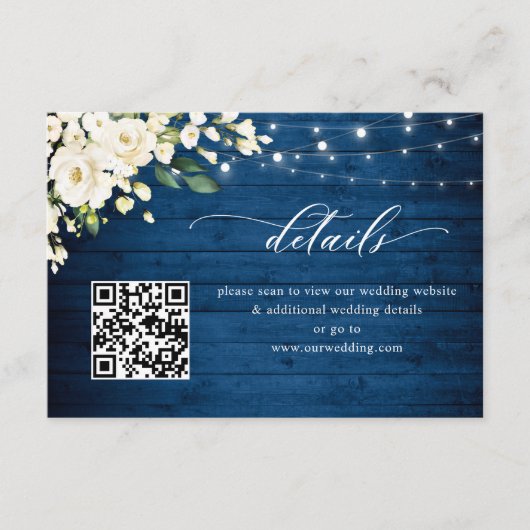 White Roses Blue Wood Lantern Wedding QR Code Begleitkarte (Vorderseite)