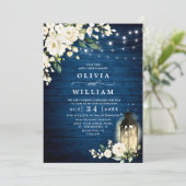 White Roses Blue Wood Lantern Wedding QR Code Einladung (Stehend Vorderseite)