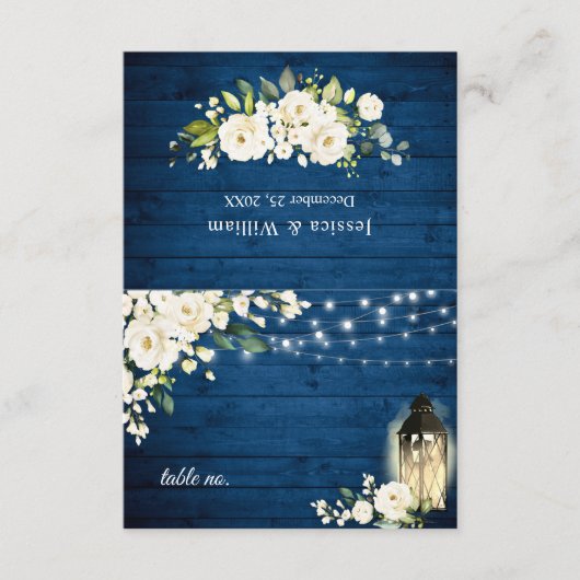 White Roses Blue Wood Lantern Wedding Table Card Einladung (Vorderseite)
