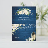 White Roses Blue Wood Lantern Wedding Table Card Einladung (Stehend Vorderseite)