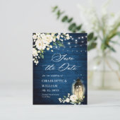 White Roses Blue Wood Wedding Save the Date Postkarte (Stehend Vorderseite)
