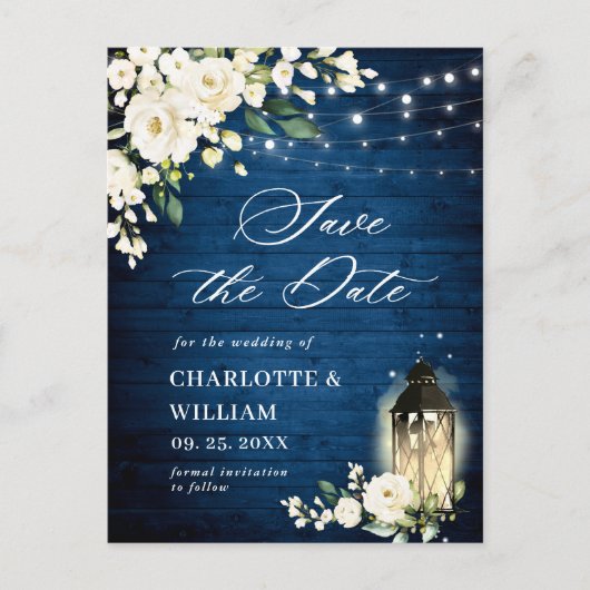 White Roses Blue Wood Wedding Save the Date Postkarte (Vorderseite)