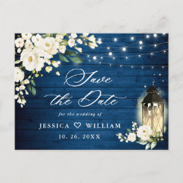 White Roses Blue Wood Wedding Save the Date Postkarte