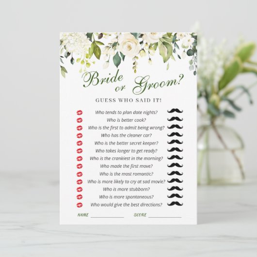 White Roses Brautparty Game Card Einladung (Stehend Vorderseite)