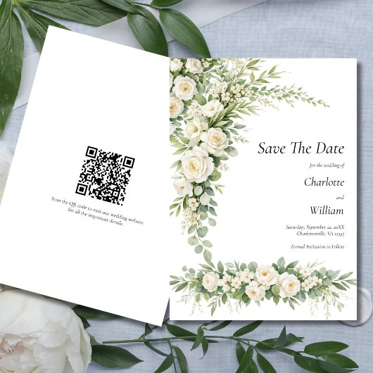 White Roses Cream Wedding Save The Date QR Code Einladung