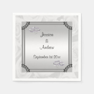 White Roses & Diamond Wedding Rings Serviette