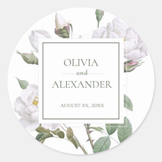 White Roses Elegante Hochzeit mit Flora Runder Aufkleber (Vorderseite)