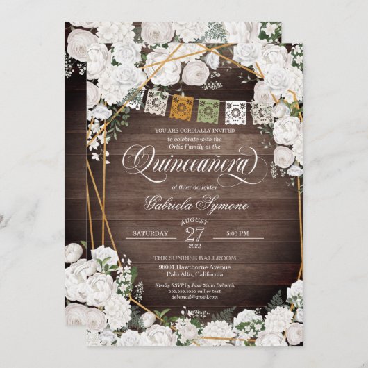 White Roses Eleganter Western Rustic Quinceañera I Einladung (Vorne/Hinten)