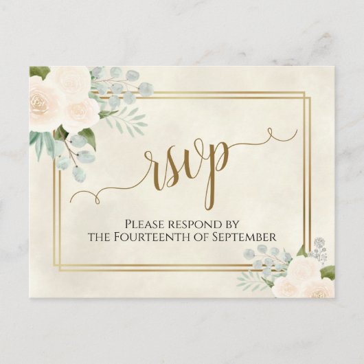 White Roses & Eucalyptus Gold Wedding RSVP Postkarte (Vorderseite)