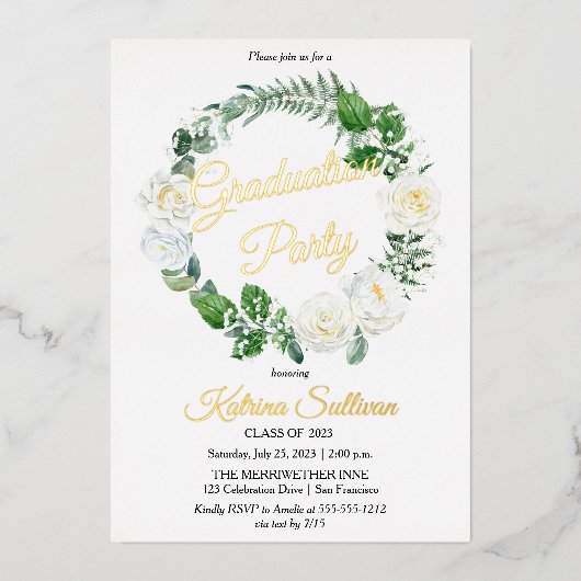 White Roses | Eukalyptus Greenery Abschluss 2023 Folieneinladung (Vorderseite)