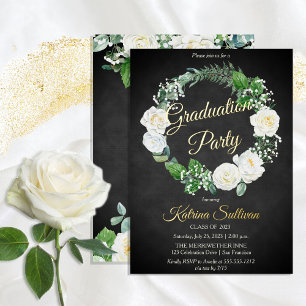 White Roses Eukalyptus Greenery Graduation Party Folieneinladung
