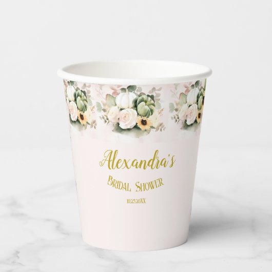 White Roses Fall Pumpkins Pappbecher (Vorderseite)