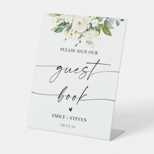 White Roses Floral Brautparty Guest Book Sign Sockelschild (Vorderseite)