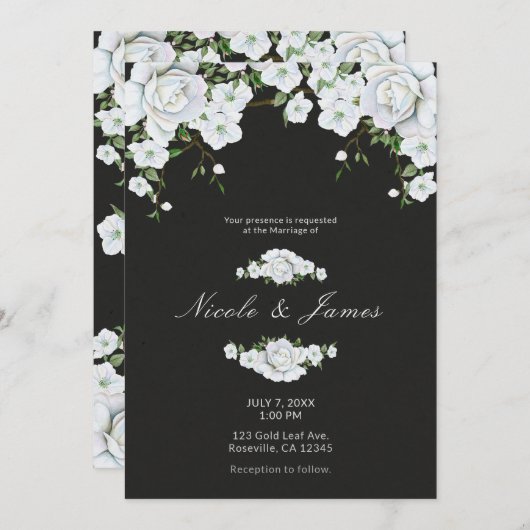 White Roses Floral & Charcoal Gray Wedding Einladung (Vorne/Hinten)