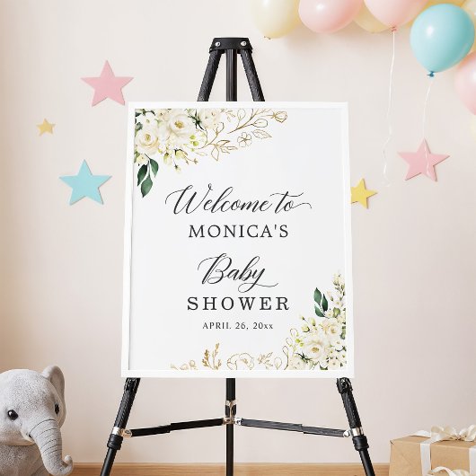 White Roses Floral Gold Blätter Kinderdusche Schil Poster