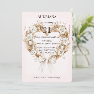 White Roses Floral Heart Bow Birthday Einladung