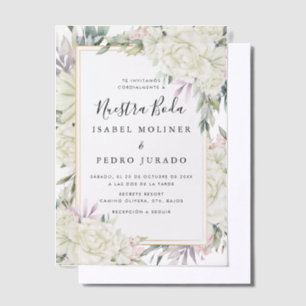 White Roses Floral Nuestra Boda Spanische Hochzeit Pergament Einladungen