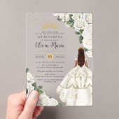 White Roses Floral Princess Gown Gold Quinceañera Acryleinladungen (Insitu (Handheld))