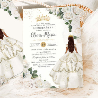 White Roses Floral Princess Gown Gold Quinceañera Einladung